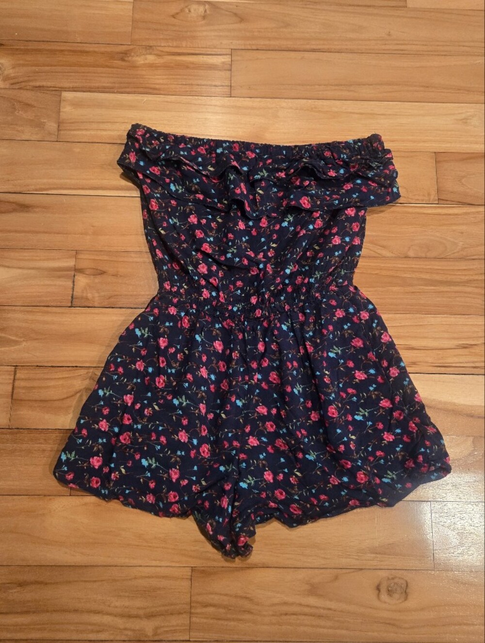 Strapless Romper with Pink Roses and Teal Accents